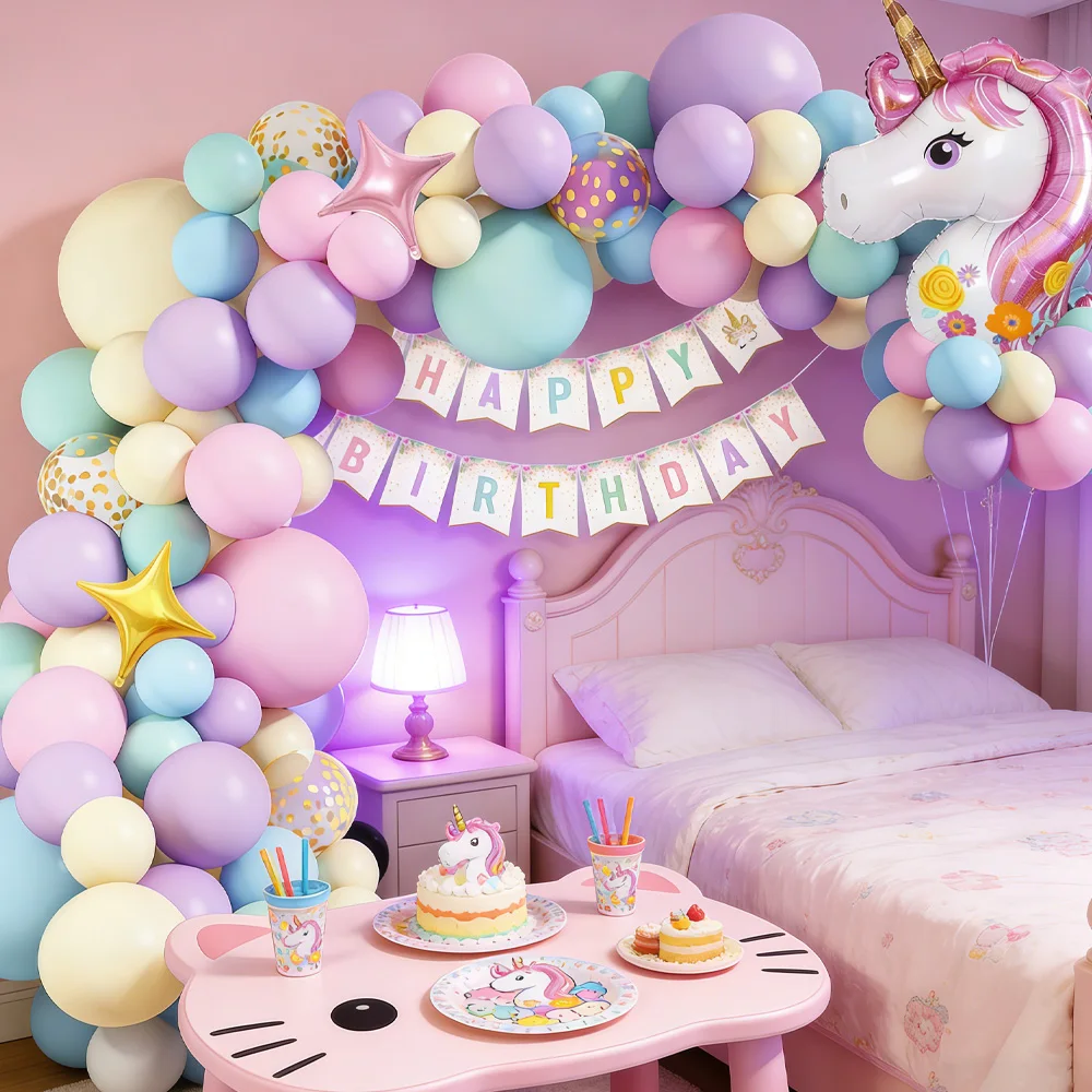 

Pastel Unicorn Balloon Garland Arch Kit with Happy Birthday Banner, Macaron Color Balloon Set for Birthday Party