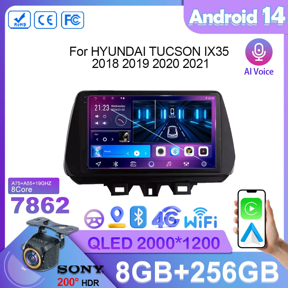 Car Android 14 GPS  For HYUNDAI TUCSON IX35 2018 2019 2020 2021 Auto  Radio Stereo Multimedia Player Navigation Wireless Carplay