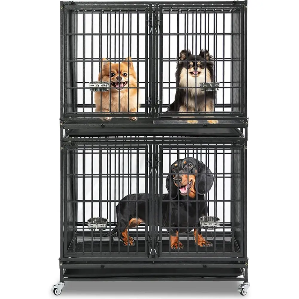 

Stackable Heavy-Duty 43 Two-Level Dog Crate with Divider, Removable Tray, and Lockable Wheels for Large Dogs - Indoor Use