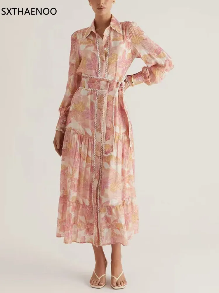 

SXTHAENOO Colorlock Spliced Lace Dresses for Women Lapel Long Sleeve Patchwork Single Breasted Midi Drees Female Clothing 2025