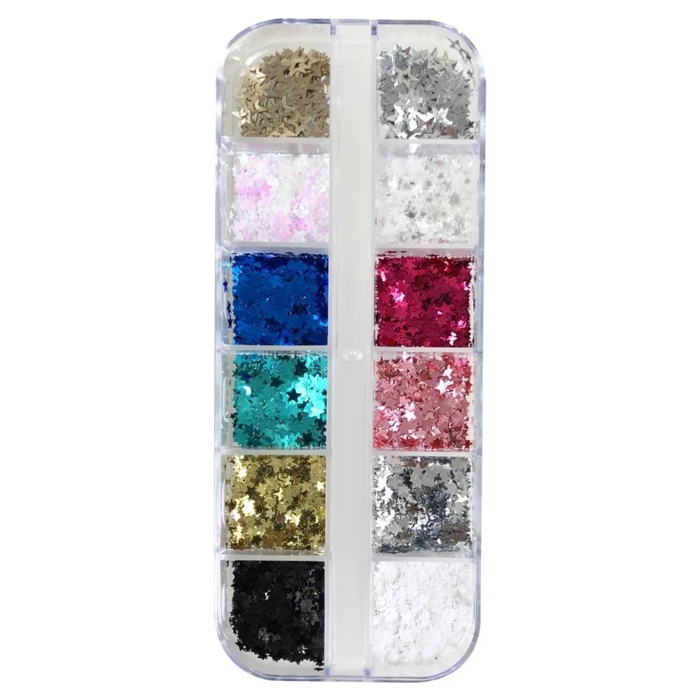 12Grids/Box Five-pointed Star Nail Art Charms Sparkling Flakes Mini Nail Decoration DIY Mixed Pack Nail Art Stickers Set