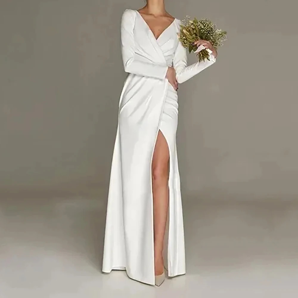 

White Wedding Dress 2025 Straight V-neck Floor Length Full Sleeve Side Slit Bridal Gowns For Bride vestidos de novia Customize