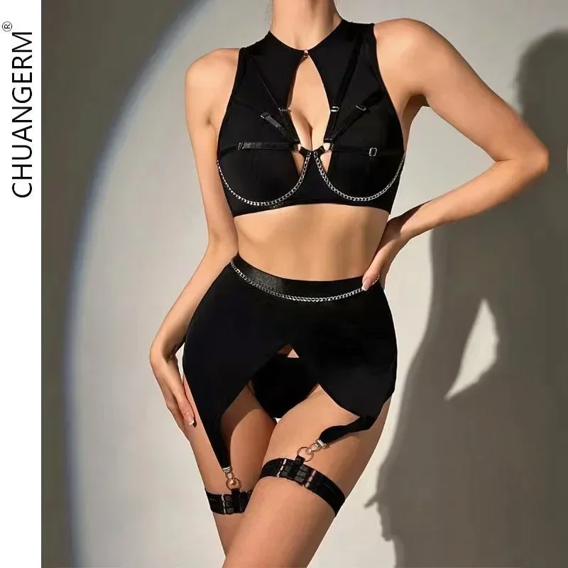 

CHUANGERM Fashion Sexy Lingerie Chain Steel Ring Gathered Erotic Underwear For Women Sensual Intimate Underwear Set Onlyfans Kit