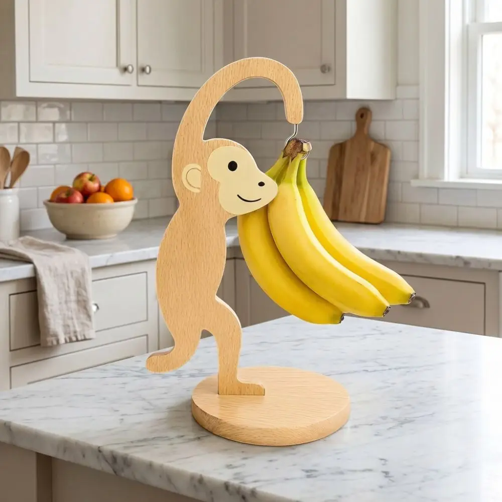 Wooden Material Wooden Banana Hanger Keep Bananas Fresh Creative Design Monkey Shape Banana Holder Stainless Steel Hook