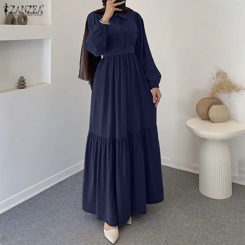 

2026 ZANZEA Fashion Muslim Abaya Dubai Hijab Dresses Women Long Sleeve Pleated Sundress Solid Belted Party Robe Kaftan Vestidos