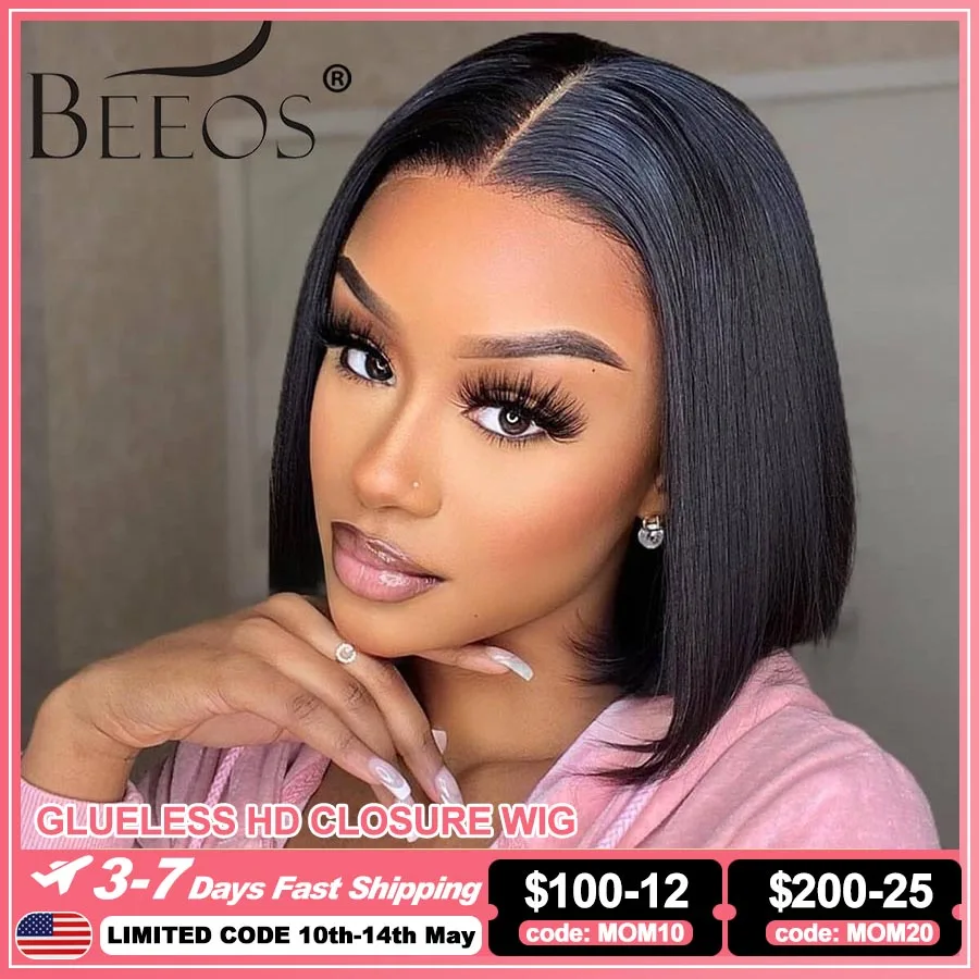 BEEOS Wear Go HD Lace Glueless Wig Ready To Go Pre plucked 5x5 HD Lace Closure Wig Straight Short Bob Wig For Women Brazilian