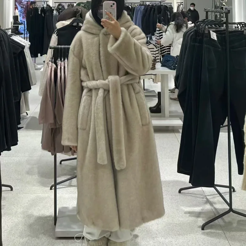 Luksusowy damski płaszcz z kapturem ze sztucznego futra norek, długi, plus size, gruby, ciepły, zimowy, z paskiem, wysokiej jakości odzież wierzchnia, 2025
