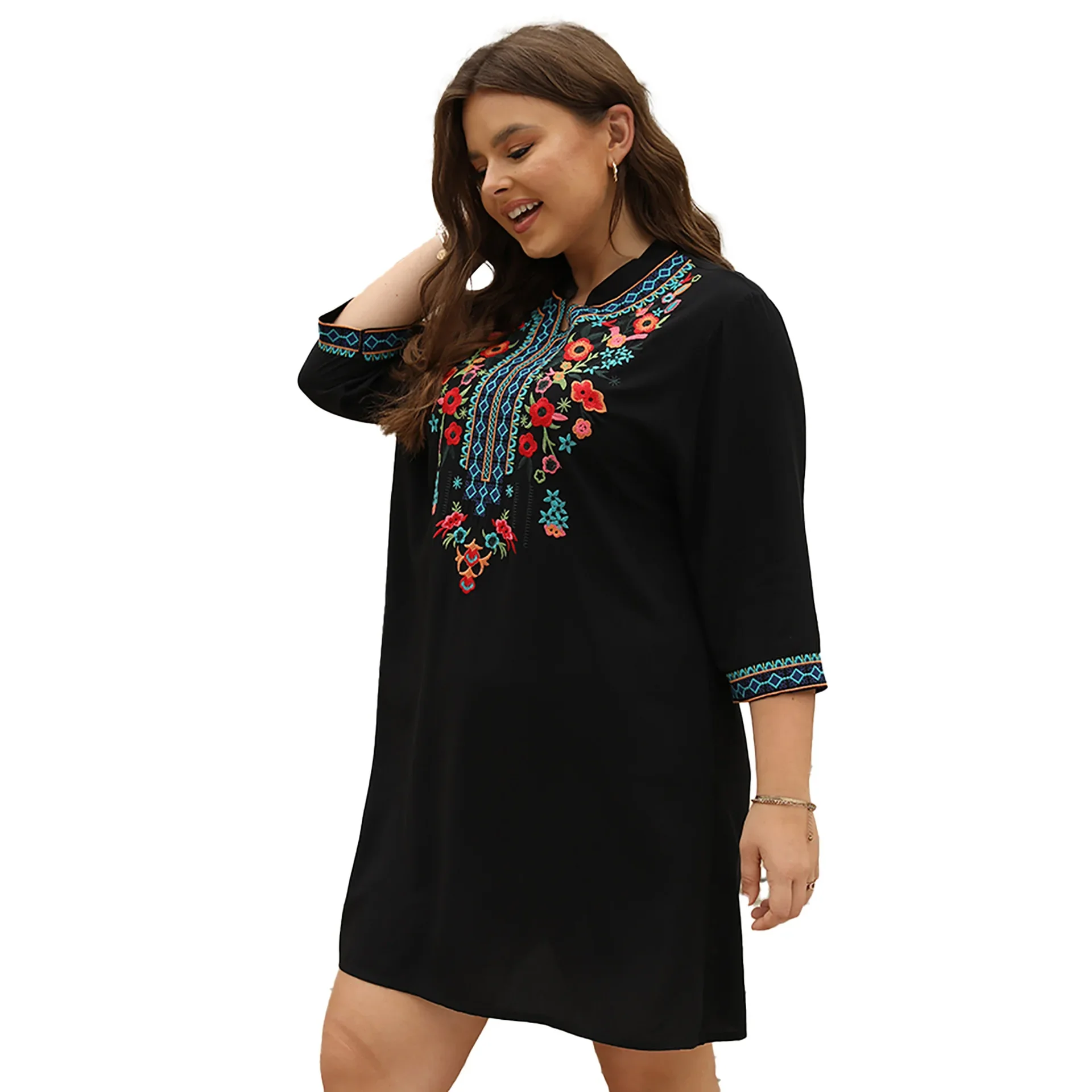 Eaeovni Boho Embroidered Dress for Women Tradition Mexican Peasant Dresses Bohemian Skirts Plus Size Hippie Casual Tunic