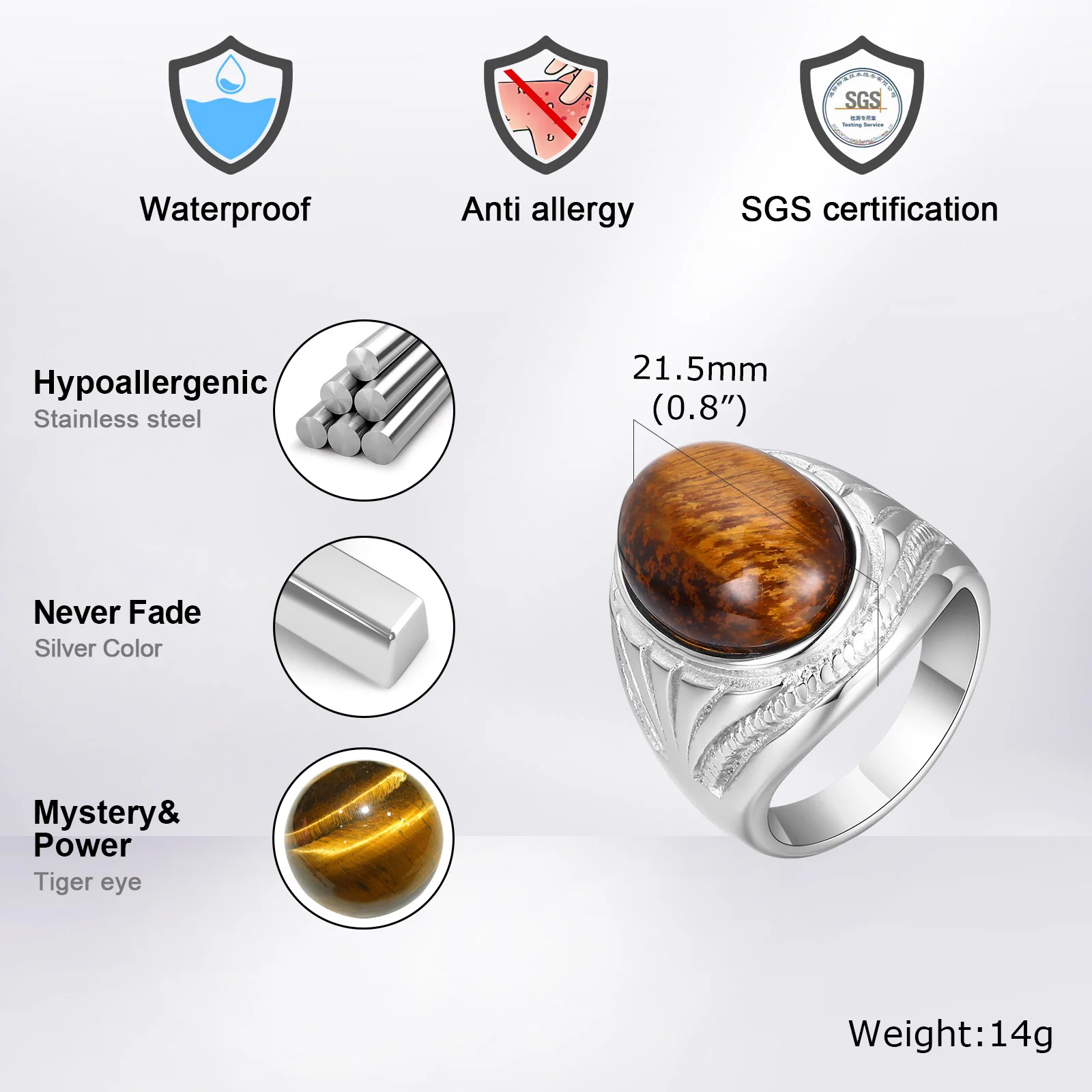 Brown Oval Rings for Men Boys,Natural Tiger Eye Stone Stainless Steel Ring,Punk Jewelry Gifts to Father Dad Husband Boyfriend