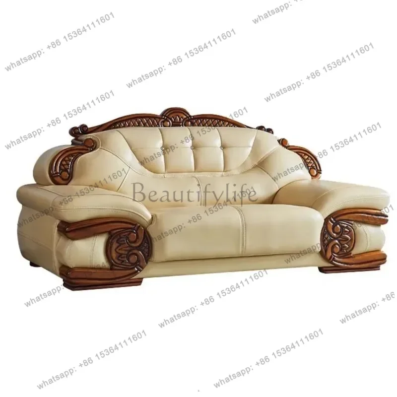 LSFY European leather sofa combination furniture beige three-person solid wood carving flower medieval leather sofa customizatio