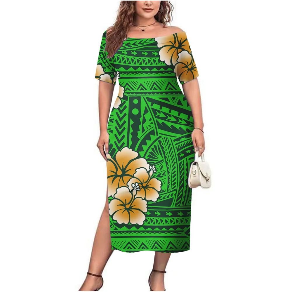 

High-Quality Polynesian High-Definition Printed Custom Pattern Women'S Round-Neck Dress Samoan Slim-Fit Plus-Size Long Dress