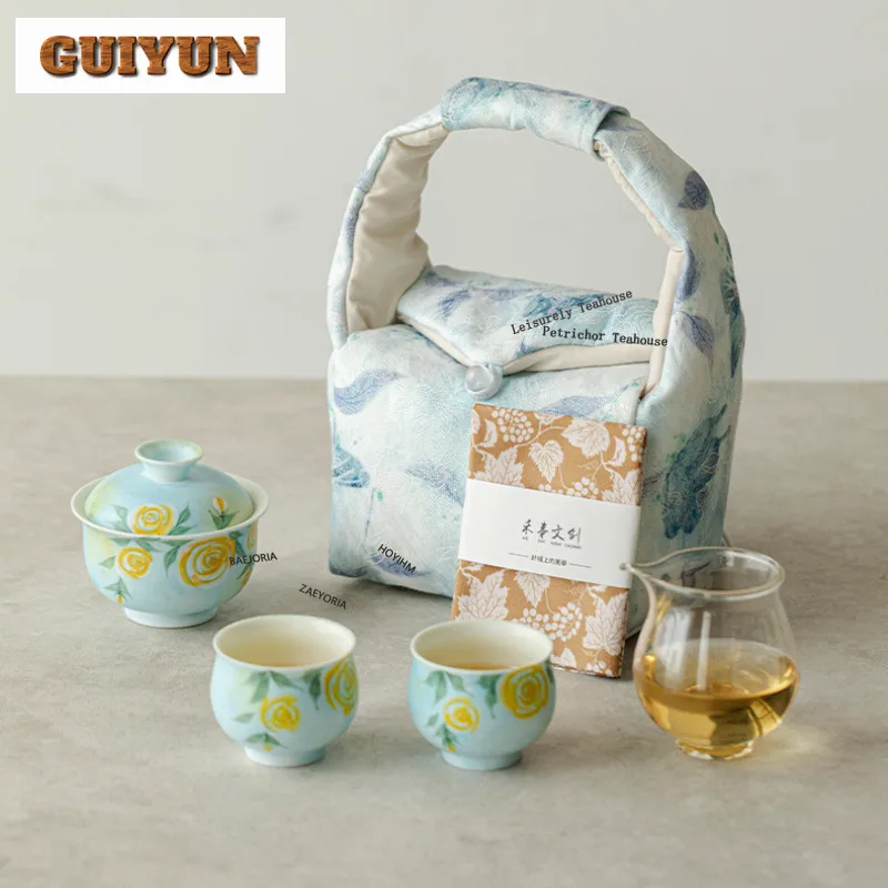 HOYIHM Hand-painted Rose Travel Tea Set Kit Ancient 1 Pot 3 Cups Tea Brewing Organizer Portable Picnic Handbag Accessories Craft