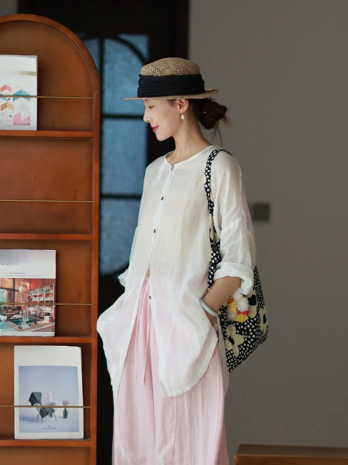 

Muede Original Women's irt 2026 Summer New 00% Flax Lightweight Breathable Cool Medium Length Artistic Sle Long Sve r...