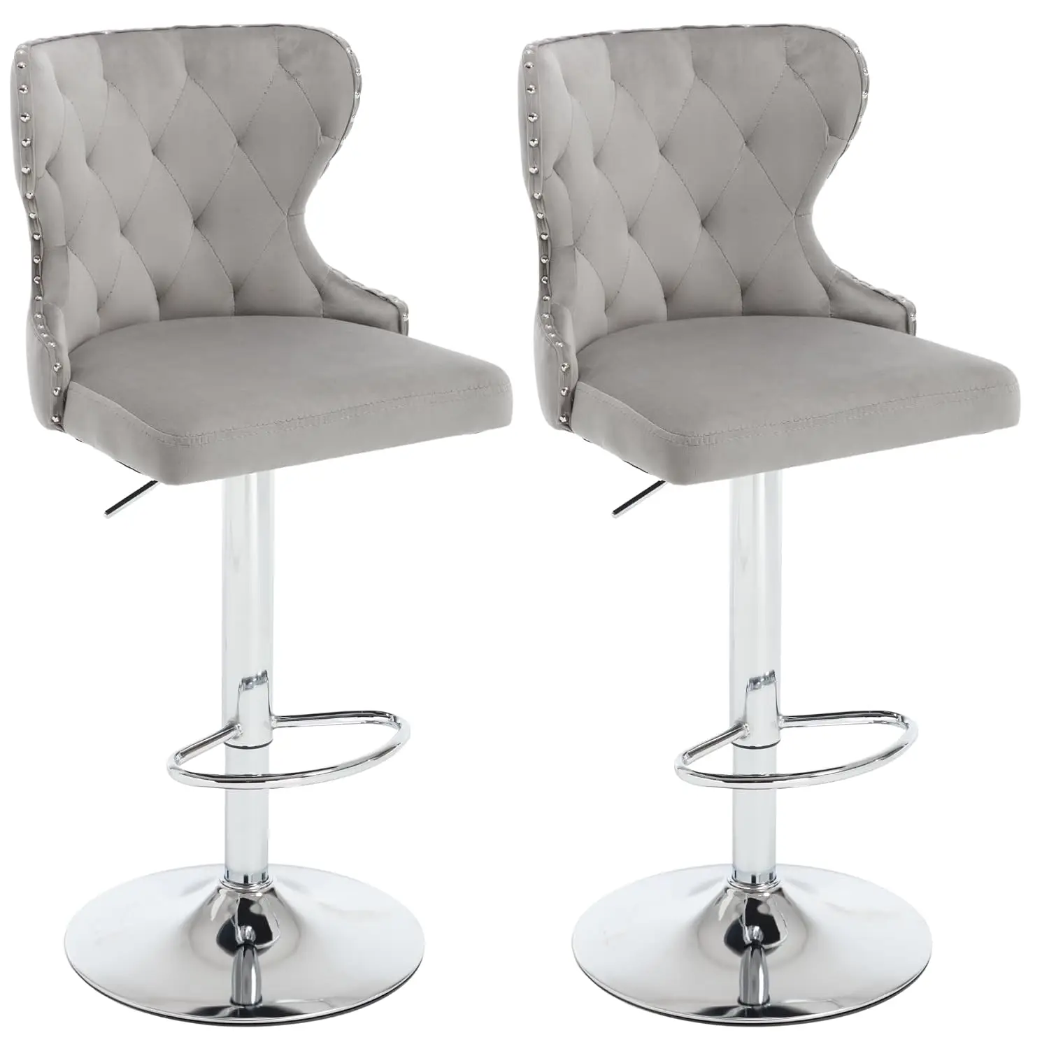 Velvet Bar Stool Set 2, Adjustable Swivel Counter Height Chair with Nailhead Trim & Silver Footrest, , Gray, Customized