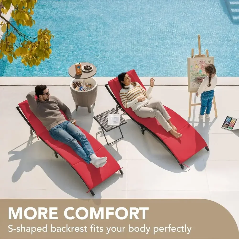 3-Piece Outdoor Cushioned Rattan Chaise Lounge Set with Adjustable Back and Table (Red)