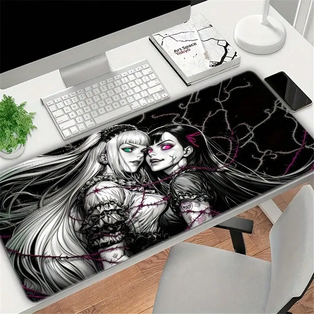 1pc Gothic Girl Cartoon Extra Large Gaming Mouse Pad, Rectangular Non-Slip Rubber Desk Mat With Precision Stitched Edges, Aesthetic Desktop Decor For Home