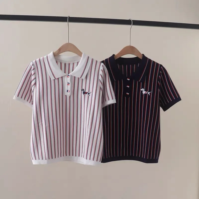 

Summer Short Sleeve Vintage Striped Embroidery T-shirt Women Fashion Casual Turn-down Collar Tops