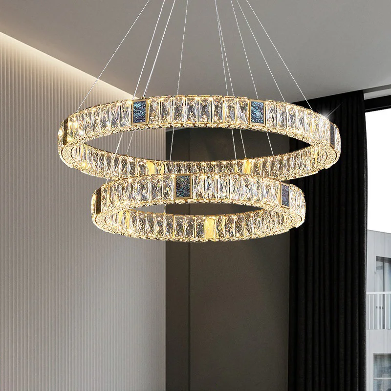 Скандинавская роскошная люстра с кольцевыми элементами из хрусталя K9 для виллы, гостиной, столовой, спальни, потолочный светодиодный подвесной светильник, внутреннее освещение, подвесная лампа