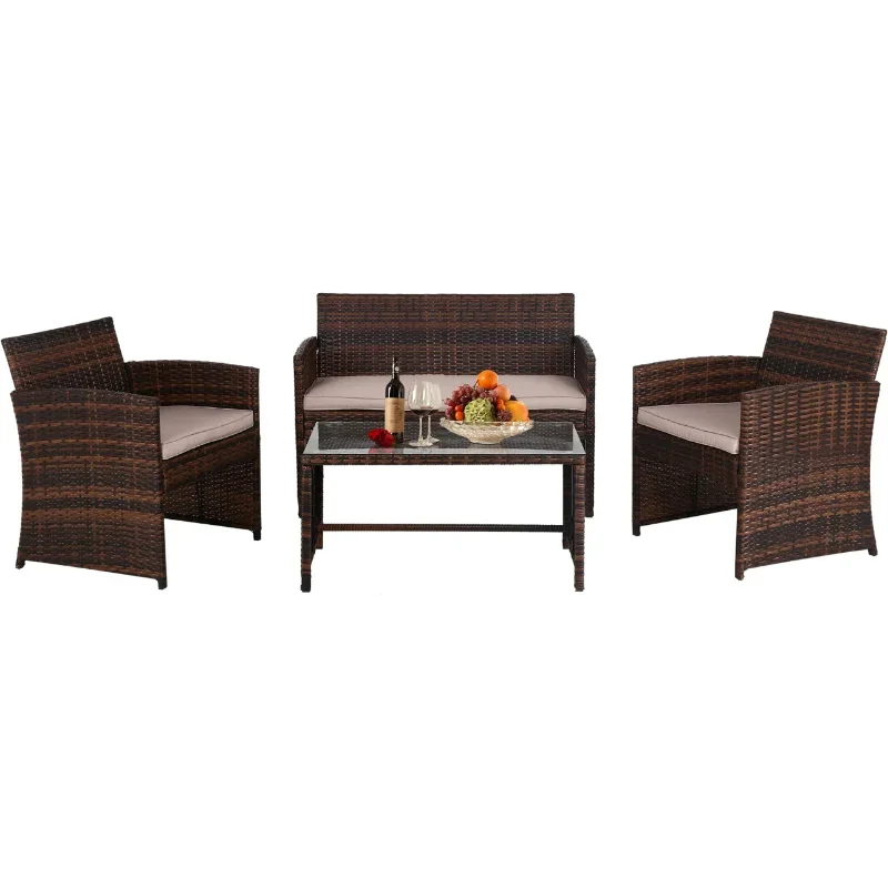 4 Pieces Outdoor Patio Furniture Sets Rattan Chair Patio Set Wicker Conversation Set Poolside Lawn Chairs Porch Poolside