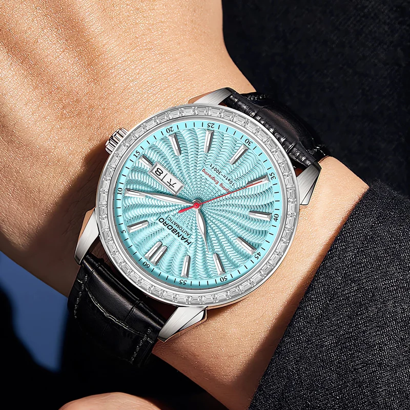 HANBORO Orologio automatico da uomo 41,5 mm Orologio da polso meccanico Specchio con zaffiro luminoso Doppio calendario Data della settimana