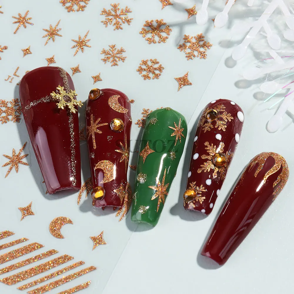 Weihnachten weiße Schneeflocke Nail Art Aufkleber Glitter Gold Mond Aufkleber Silber Kreuz Stern Schieber egler für Nagel Winter Maniküre Dekor nllsj