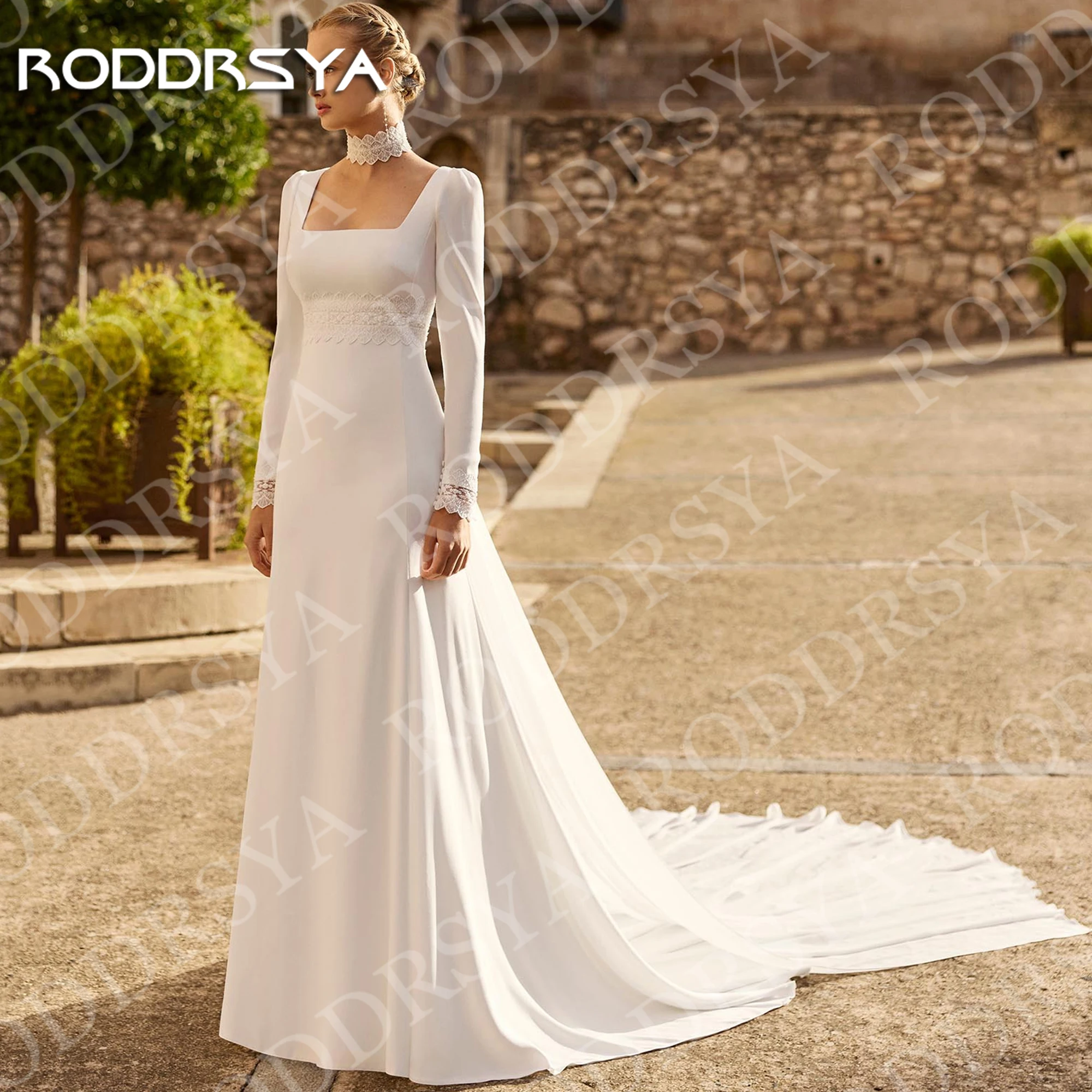 RODDRSYA Long Sleeves Wedding Dress Bride Square Neck Lace Simple Vintage Backless Bridal Dresses Detachable Train Customized