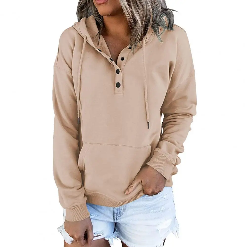 Sudadera con capucha de manga larga para mujer, Jersey holgado con bolsillo grande, botón de decoración, cordón, informal, cálido, puño elástico, Top de otoño e invierno