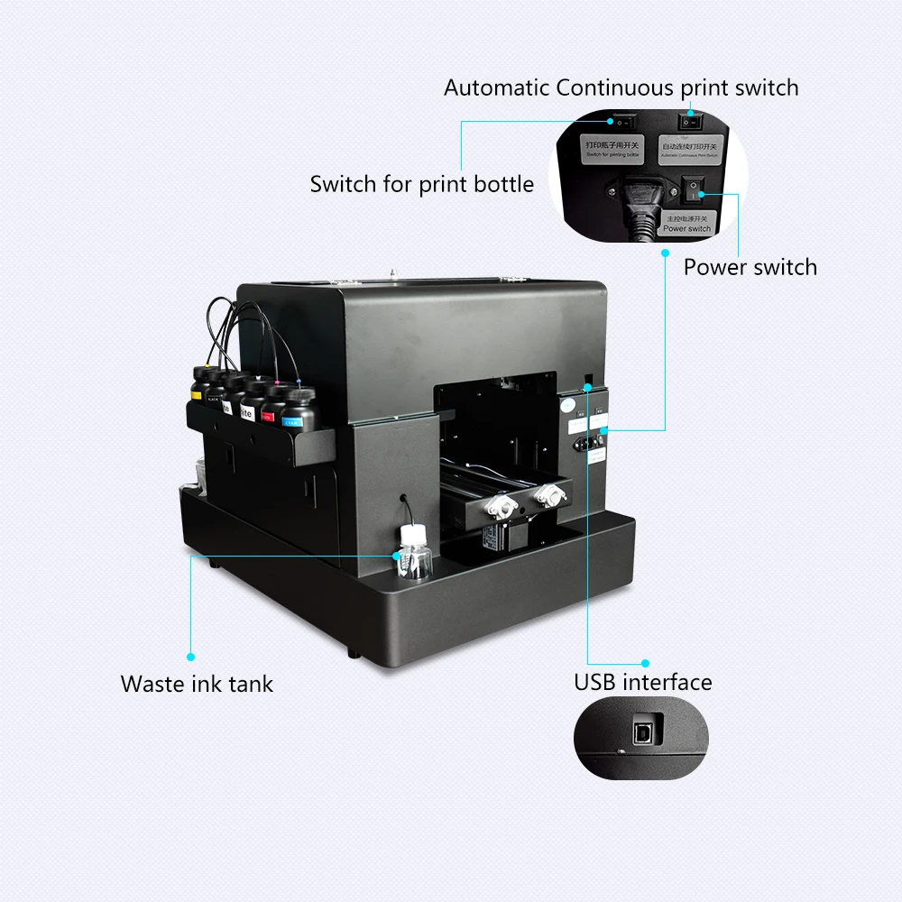 UV Printer A4 Size UV Flatbed Printer with 2500 ml UV Ink for Bottles, Phone Case, Lighter, TPU, PVC, Metal, Wood,Pen UV Printer