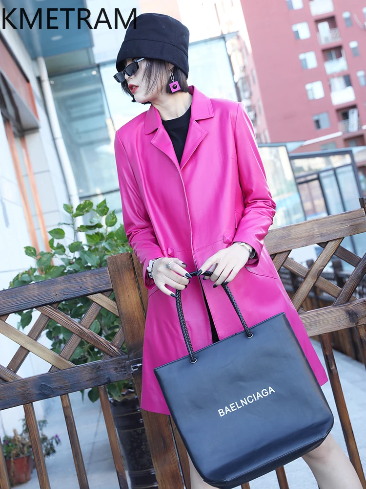 100% ชั้นบนSheepskinแจ็คเก็ตผู้หญิงRoseสีแดงของแท้หนังแจ็คเก็ตกลางความยาวเสื้อฤดูใบไม้ร่วงเสื้อผ้า 2025 ผู้หญิงбка