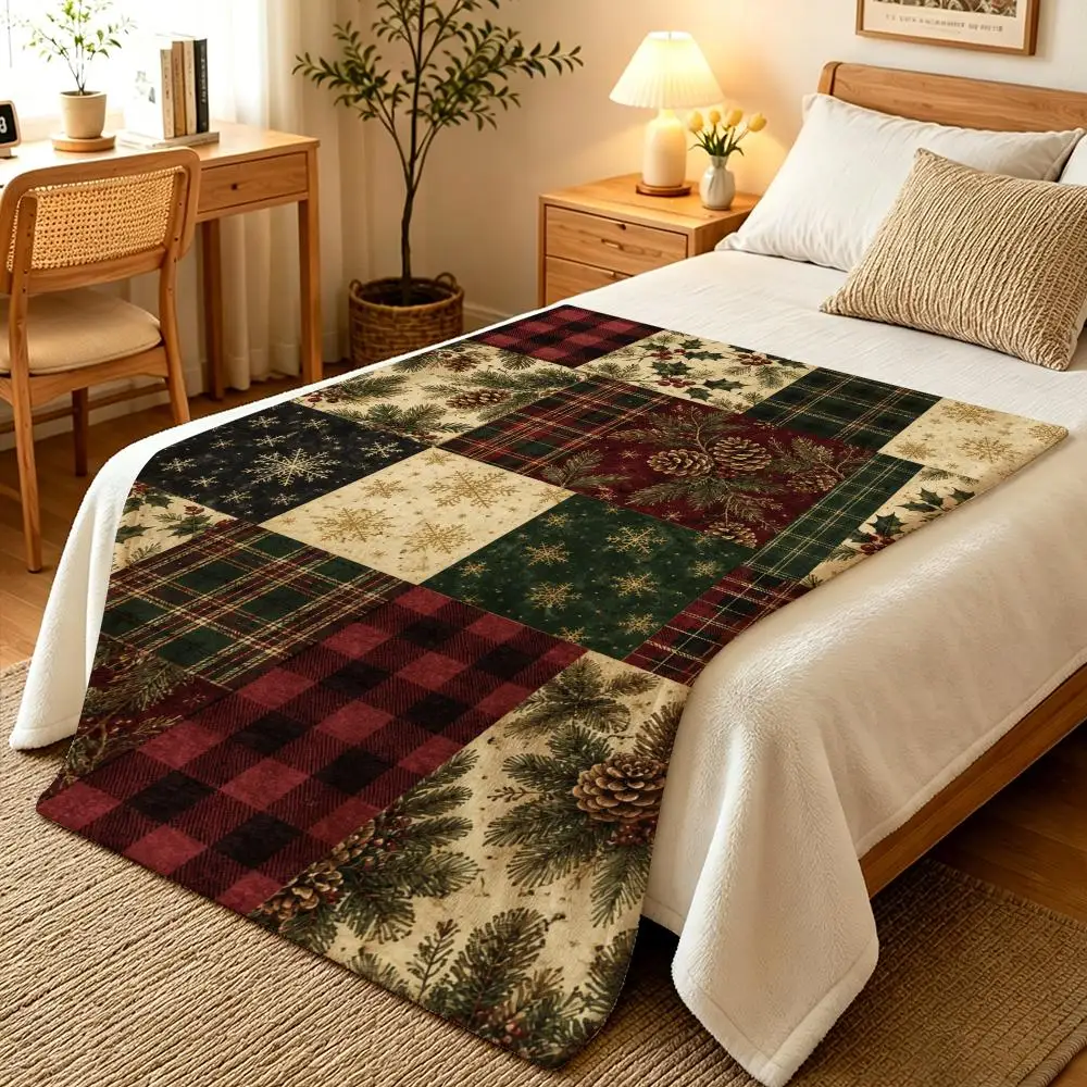 Christmas Holiday Patchwork Throw Blankets Soft Warm Flannel Blanket Bedding for Bed Living room Home Sofa