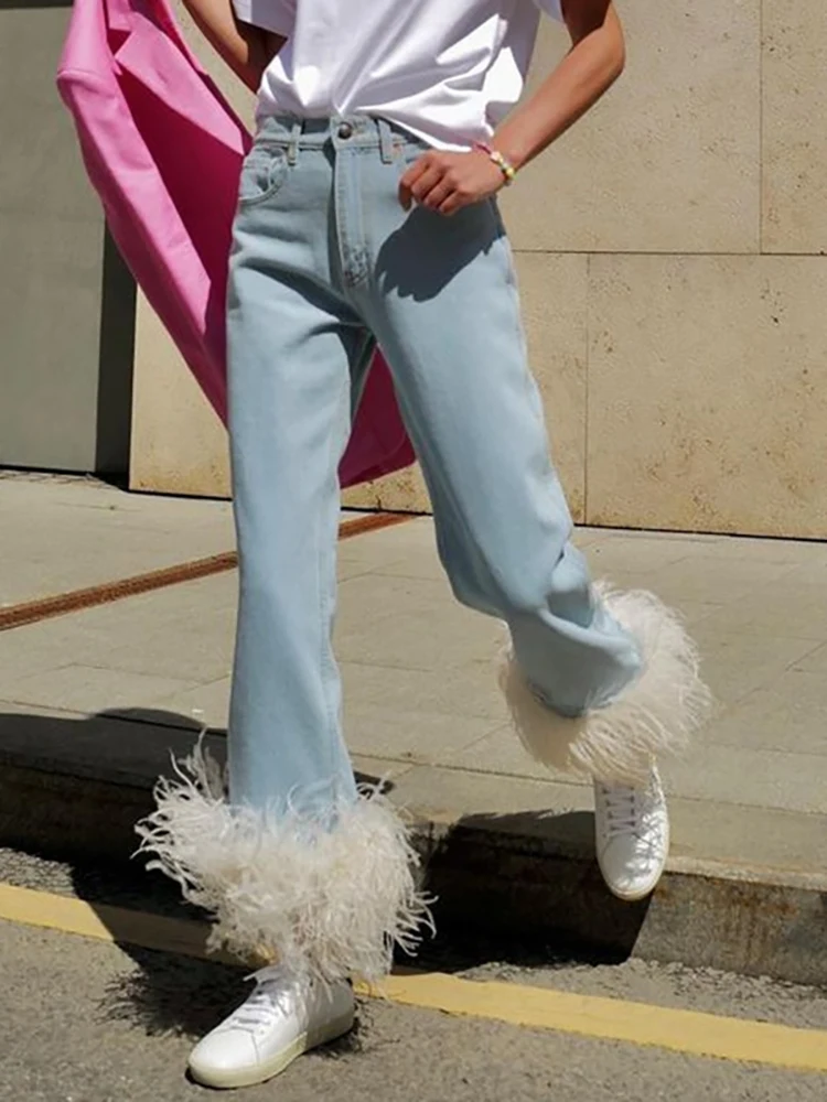 DEAT Women's Jeans High Waist Light Blue Spliced White Feathers Design Straight Denim Pants 2025 Spring New Fashion 29L3628