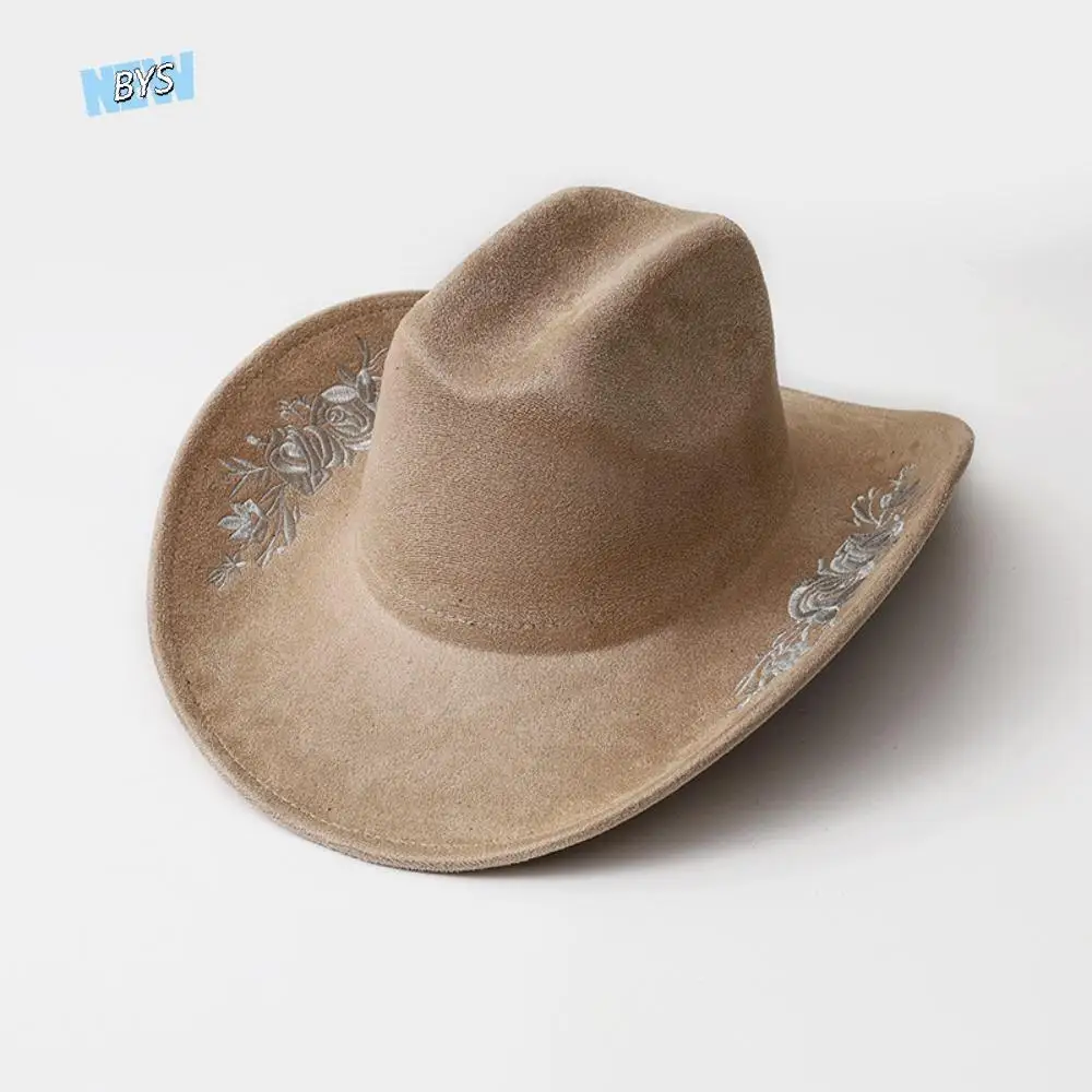 

Large Brimmed Embroidered Felt Top Hat Embroidery Flower Decoration Performance Cap Woolen Hats Casual Formal Occasion