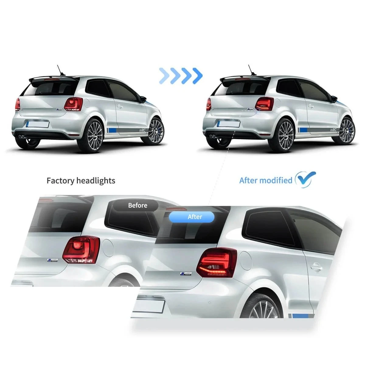 2 unidades de luces traseras LED con certificación E-mark para Volkswagen VW Polo MK5 6R 6C Hatchback 2011-2017. Lámpara trasera con certificación E-mark, luz de freno, luz de marcha atrás, luz de circulación diurna (DRL) con intermitentes secuenciales dinámicos. Reemplazo directo, conexión sencilla, resistente al agua IP67, kit de mejora para automóviles. 2 unidades.