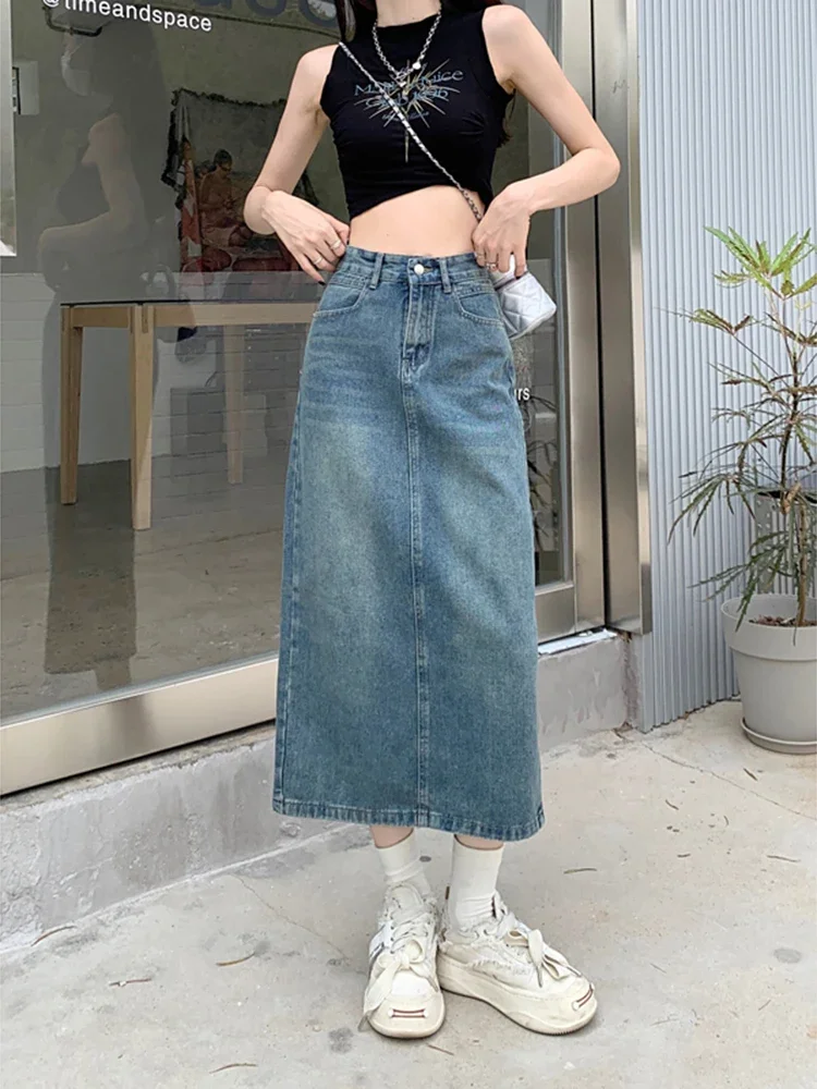 

Vintage Slit Denim Skirts Women A Line High Waist Solid Midi Skirt Korean Office Lady Casual All Match Skirts New F51