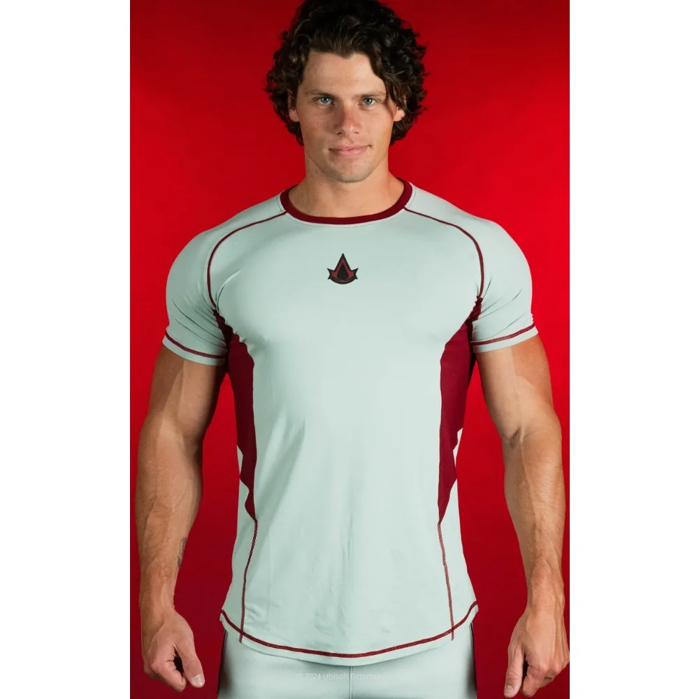 Men Athletic Compression Shirt Contrast Panel Raglan Sleeve Gym Training Weightlifting Sports Tee