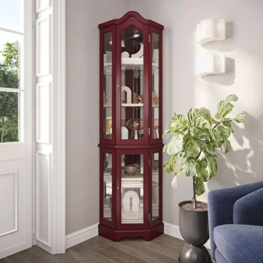 Lighted Corner Display Curved Top Curio Cabinet Wooden Shelving Unit with Tempered Glass Door, Bar and Liquor Storage Area with