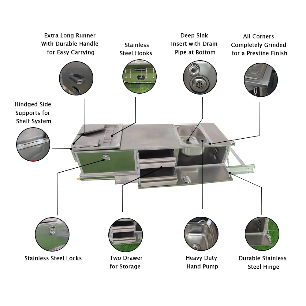 Stainless Steel Slide-Out Kitchen Accessories for Campers RV Caravans Motorhomes with Sink and Drawers for Travel Trailers