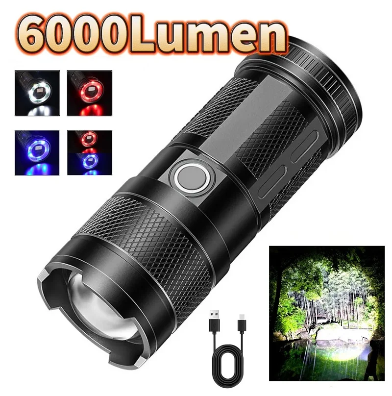 Super Powerful LED Flashlight 6000Lumen Camping Torch ABS+Plastic Material Zoom With Tail Cob Floodlight Multiple Lighting Modes