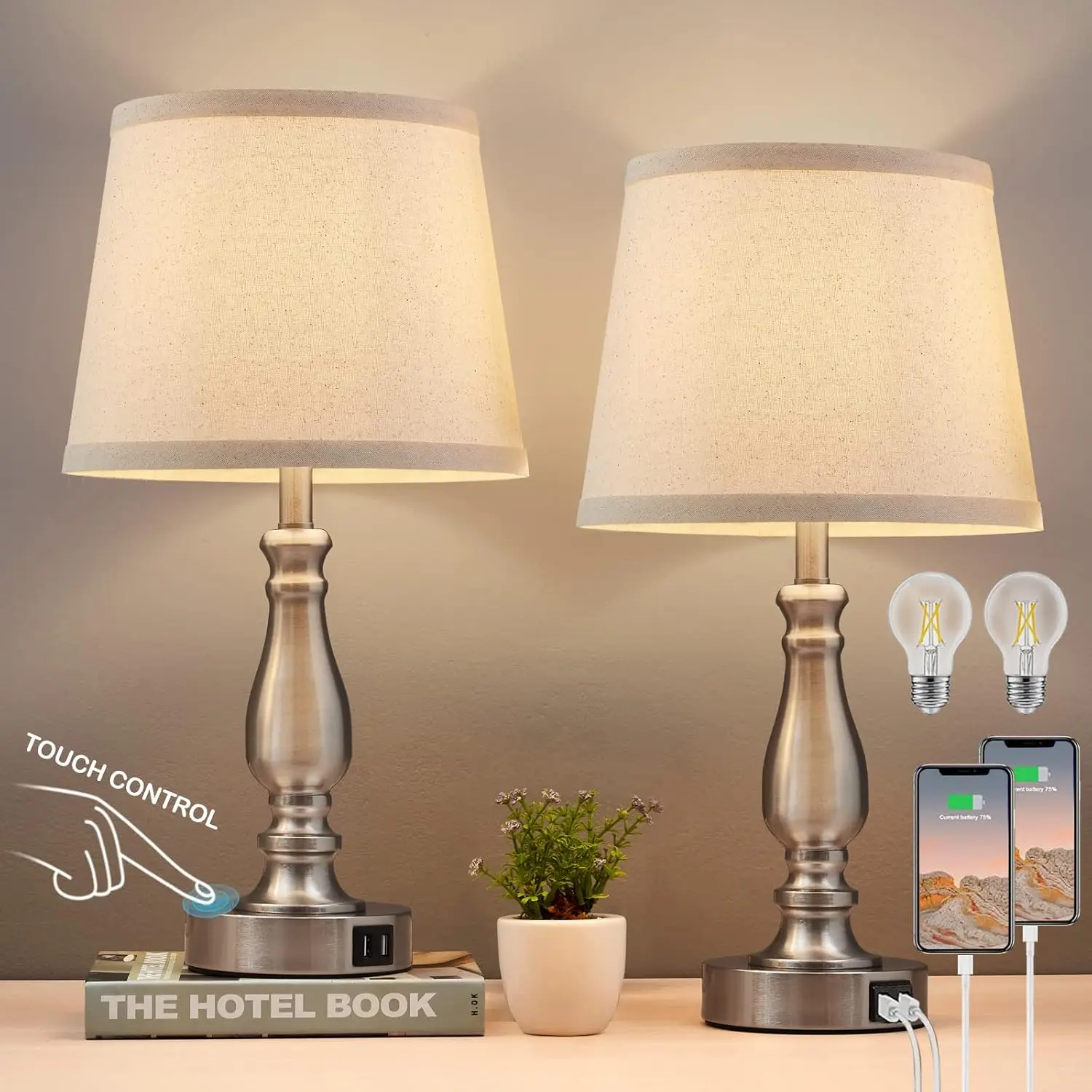 

Set of 2 Dimmable Bedside Lamps with USB C+A Ports, Touch Control, Fabric Shade, Bulbs Included