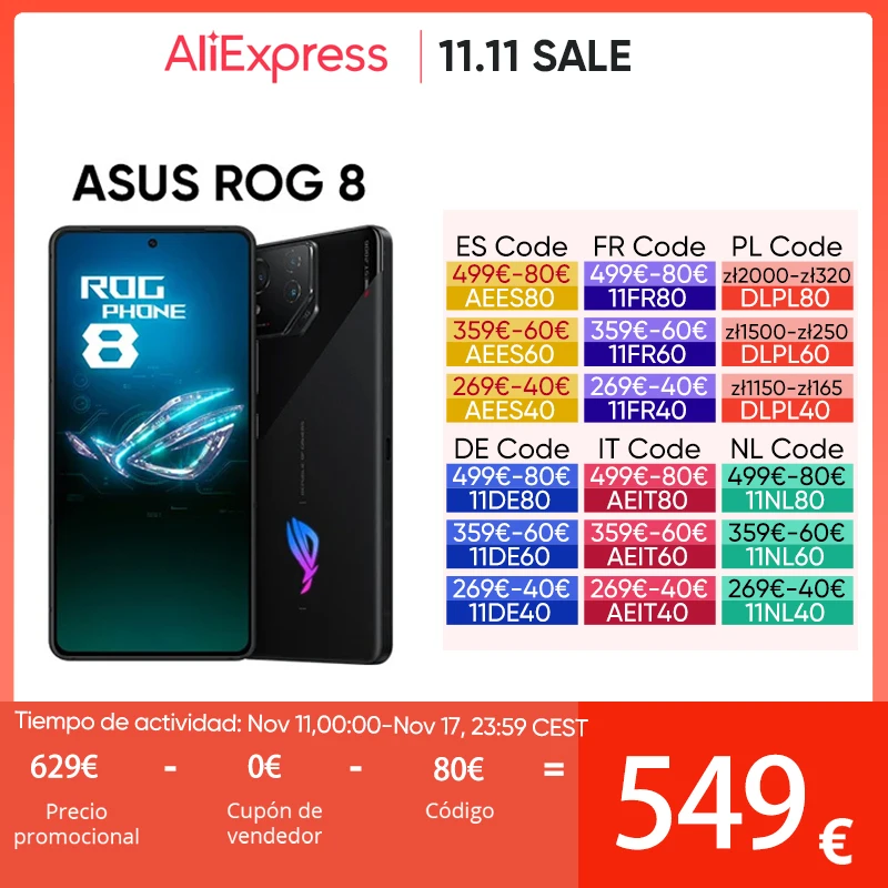 ASUS ROG Phone 8 5G Smartphone Snapdragon 8 Gen 3 Gaming Phone 6.78\'\' 165Hz AMOLED Screen 65W Fast Charging NFC ROG 8 Pro 2024