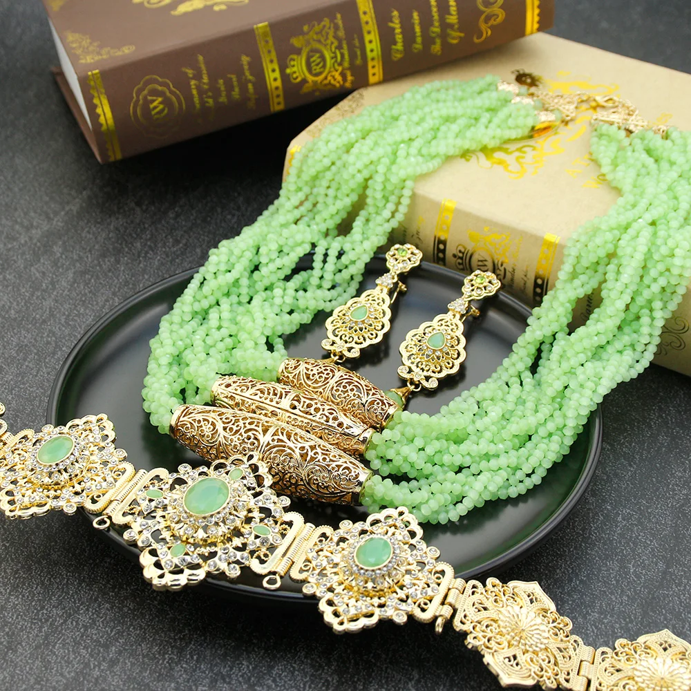 Sunspicems Green Crystal Morocco Bride Wedding Jewelry Set Women Beaded Necklace Long Earring Caftan Belt Waist Chain Gold Color