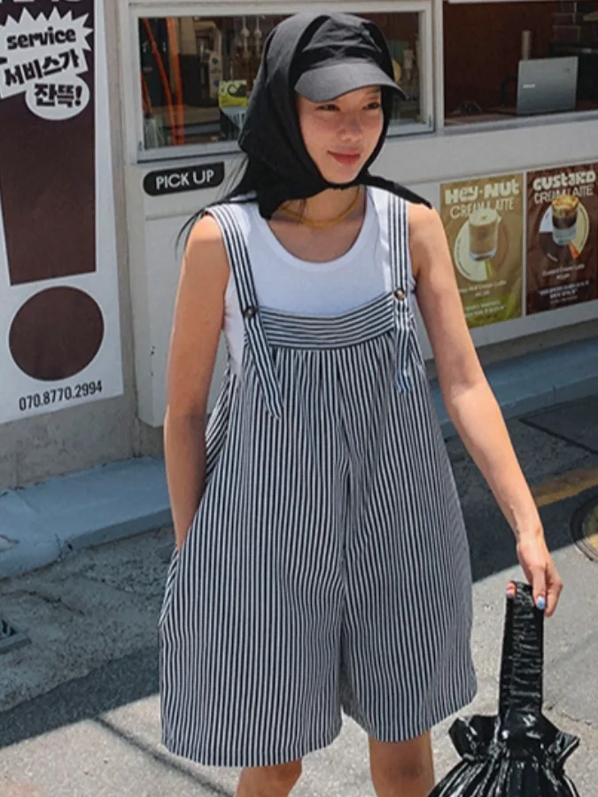 

Retro Agel Striped Waed Denim Overalls Women Summer New Loose Five-Quarter Pants Slimming Effect Vintage Sle