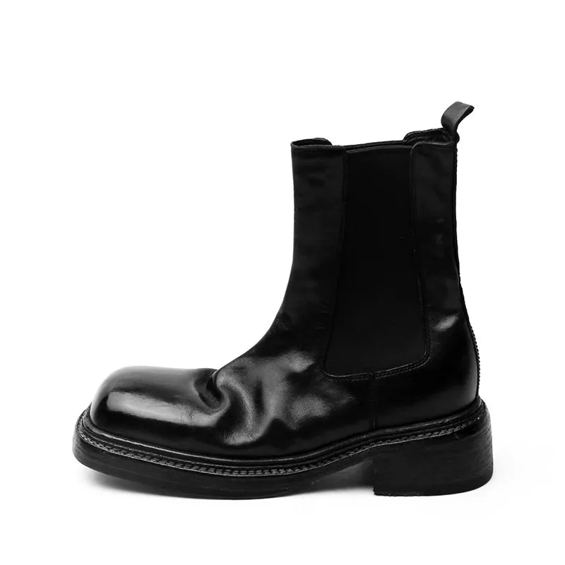 

Повседневные ботинки челси ручной работы из натуральной кожи в стиле ретро, женские черные уличные ботильоны до середины икры на толстой подошве, женская обувь