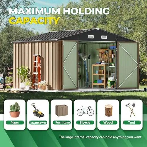 10x10 FT Outdoor Storage Shed, Brown | Metal Tool Sheds, Lockable Door, Sloping Roof, Utility Garden Shed for Lawn view 6