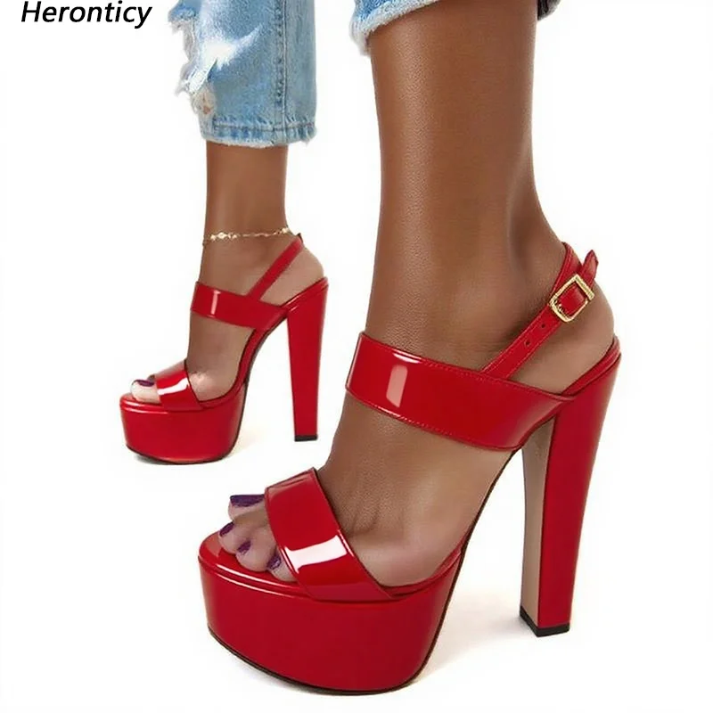 

Handmade Women Platform Shiny Sandals Ankle Strap Chunky Heels Round Toe Pretty Red Fuchsia Party Shoes Ladies US Size 5-20