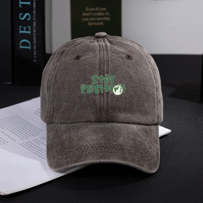 Retro Washed Cotton Cap Unisex Distressed Soft Top Dad Hat Stay Positive Inspirational Word Print Curved Brim Hip Hop Hat Summer