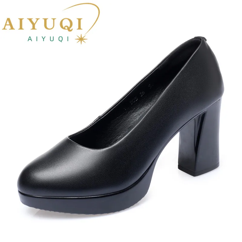 AIYUQI High Heel Women Shoes New 2024 Spring Genuine Leather Fashion Large Size Thick Heel Women Dress Shoes