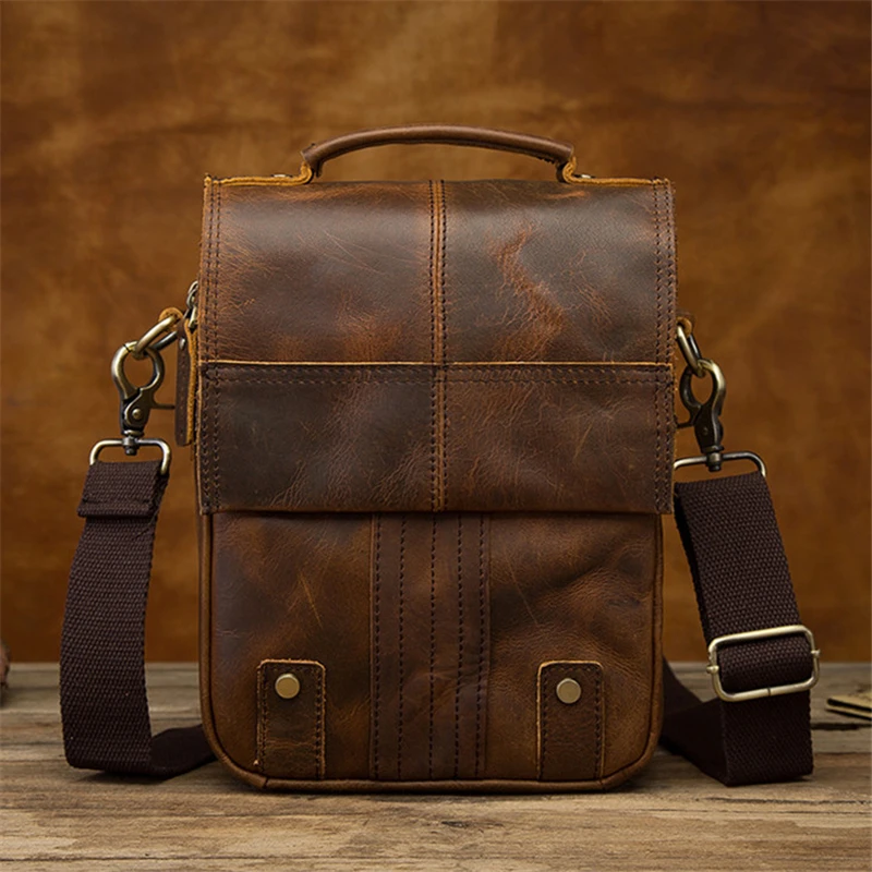 

Винтажная мужская сумка через плечо из воловьей кожи с верхним слоем, 8-дюймовая сумка, повседневная сумка через плечо для молодых мужчин