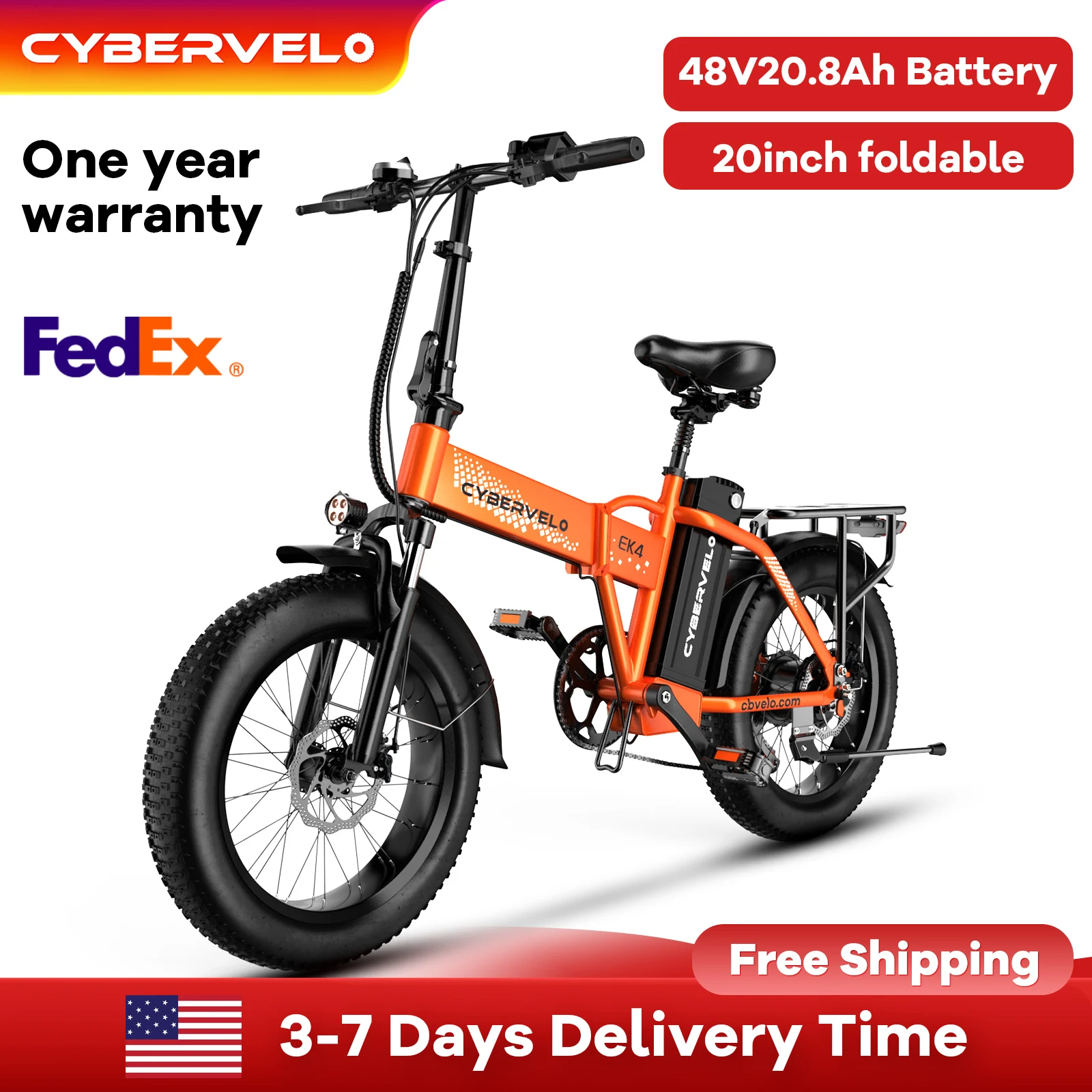 

Cybervelo EK4 Foldable Moutain Bike, 1000W Peak Motor Electric Bike, Detachable Battery Long Range up to 100 miles, 20” Fat Tire