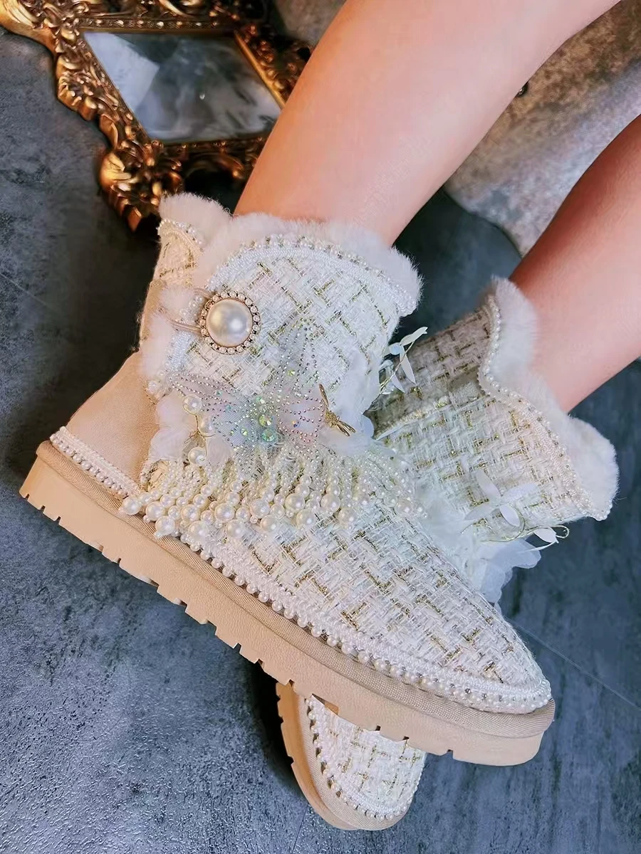 Luxurious pearl rhinestone lace sequin tassel women's cotton shoes Heavy industry fur integrated thickened snow boots 35-41